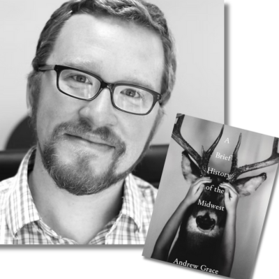 Black and white photo of author Andrew Grace and his book, 
