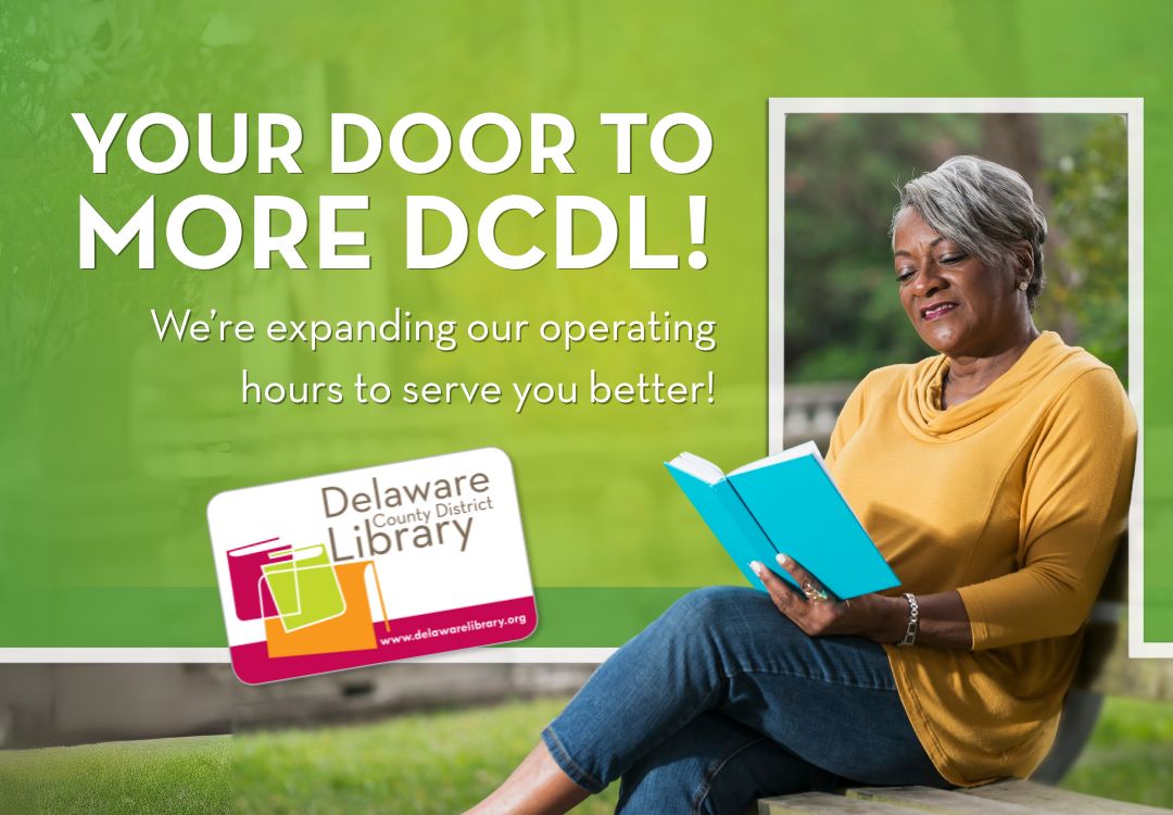 A woman reads a book on a bench. The words in the graphic read Your Door to More DCDL! We're expanding our operating hours to serve you better!