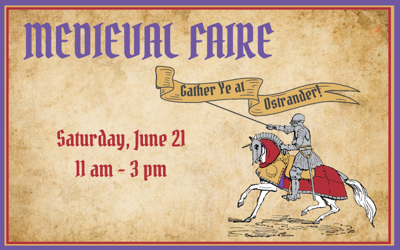 Medieval Faire 2025. An armored knight on horseback with a banner reading 