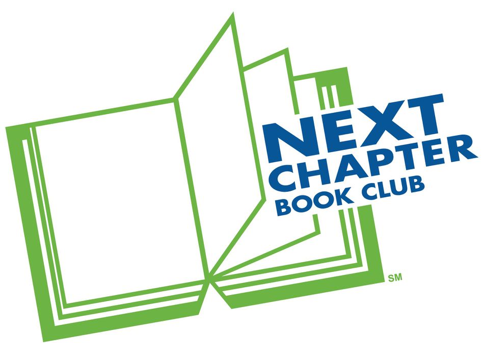 Next Chapter Book Club logo, an open book in green with the organization's name in dark blue.