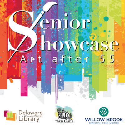 Vibrant paint streaks with the words Senior Showcase, Art after 55